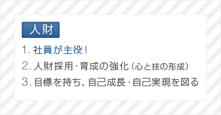 人財 1.社員が主役!2.人財採用・育成の強化(心と技の形成)3.目標を持ち、自己成長・自己実現を図る